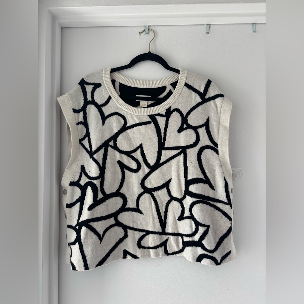 Madewell Heart Pattern Knit Sweater Vest Cream Black Side Snap Sleeveless
